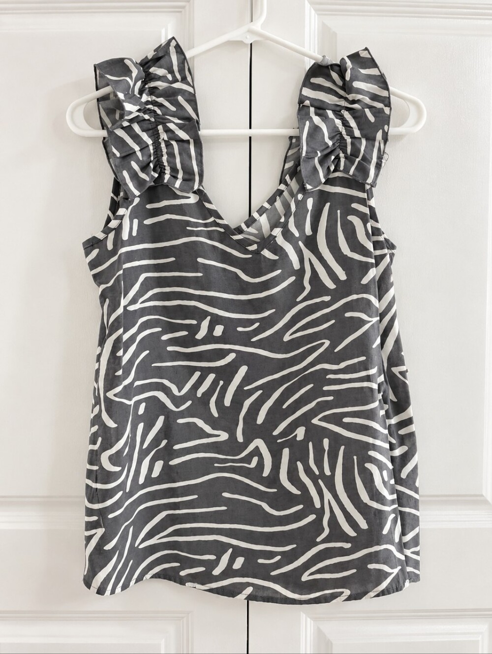 Mud Pie Black and White Ruffle Strap Zebra Print Tank Top